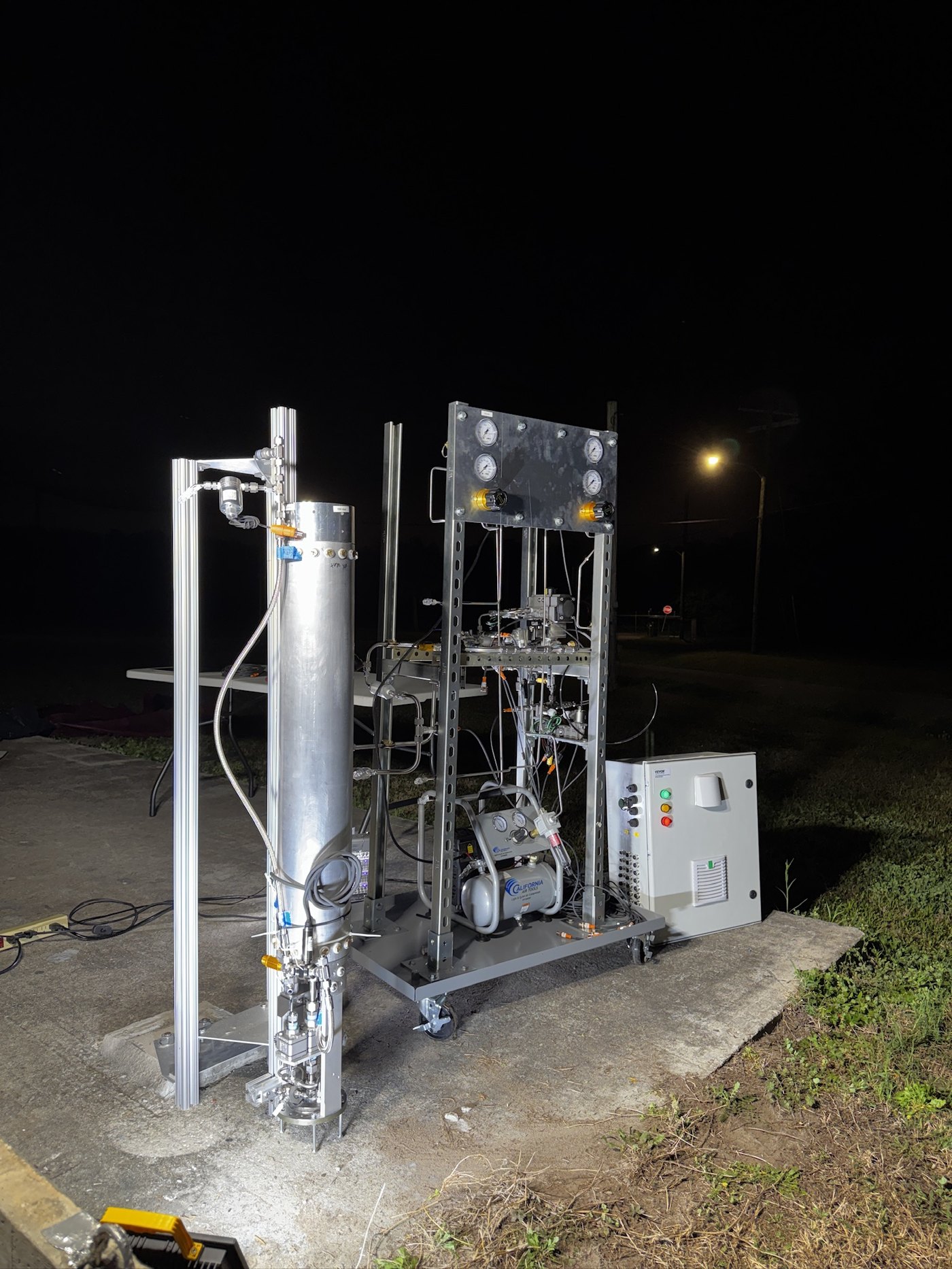 Cold flow test platform set up outdoors at night